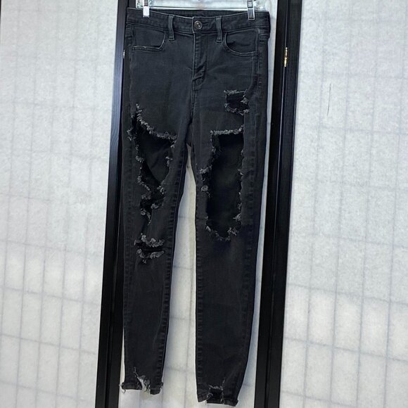 American Eagle Next Level Stretch Distress Destroyed Skinny Denim Jeans Black 8 - Picture 4 of 14